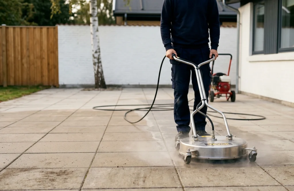 Professionel fliserens af terrasse — skånsom afrensning med lavt tryk