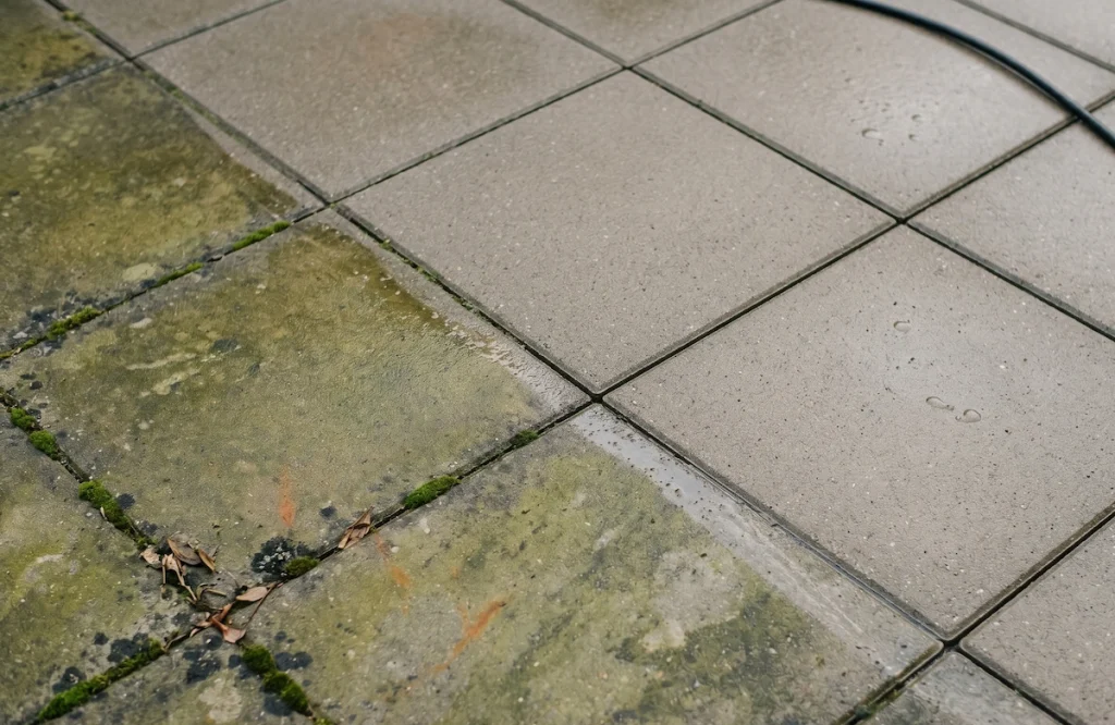 Algebehandling af flisebelægning — nærbillede af algevækst før biologisk efterbehandling